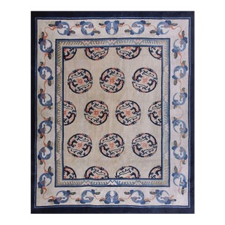 1920s Ivory and Blue Dragon Roundels Antique Chinese Baotou Room Size Rug For Sale