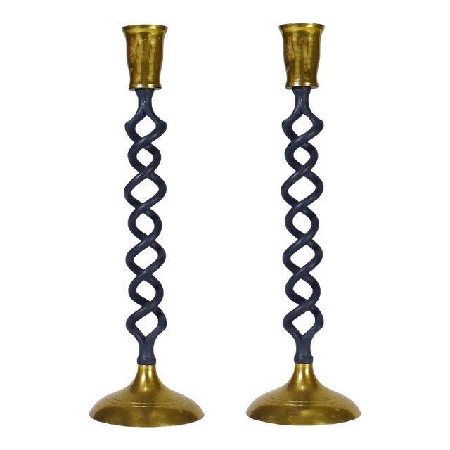 Vintage Large Spiral Twisted Solid Brass Candles Holders - A Pair For Sale
