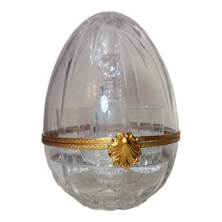 Vintage Handmade French Gilt Brass Cut Crystal Caviar Egg Caddy Jar Bar Set For Sale