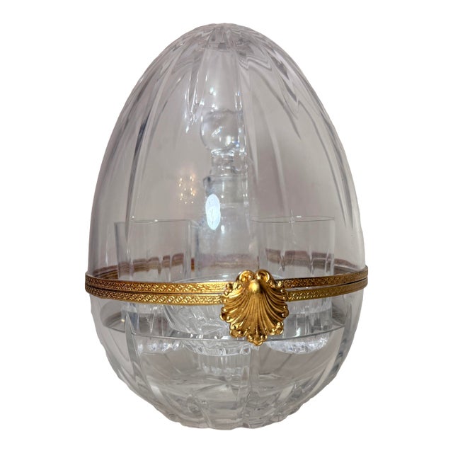 Vintage Handmade French Gilt Brass Cut Crystal Caviar Egg Caddy Jar Bar Set For Sale