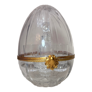 Vintage Handmade French Gilt Brass Cut Crystal Caviar Egg Caddy Jar Bar Set