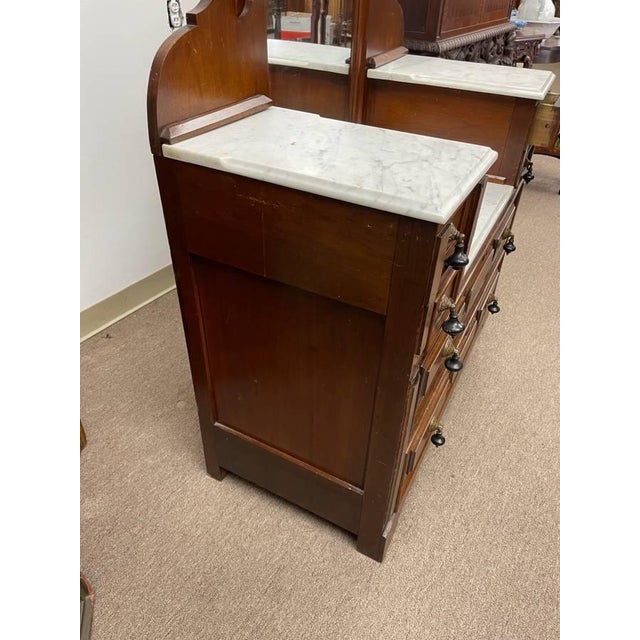 Early 1900's Antique Mirrored Vanity Dresser, Handcarved Walnut, Marble Topped For Sale In New York - Image 6 of 10