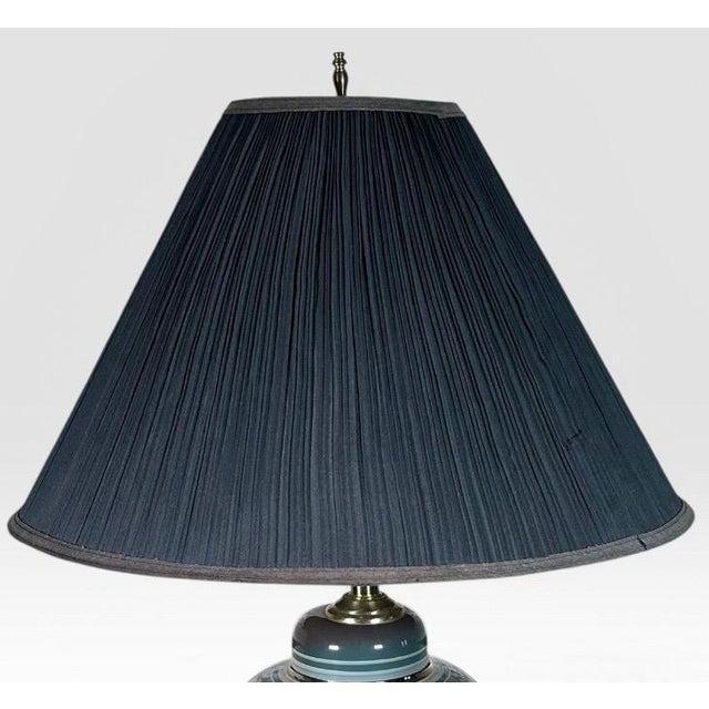 Vintage Hollywood Regency Ombre Ceramic Ginger Jar Table Lamp With Navy Pleated Shade This striking vintage Hollywood...