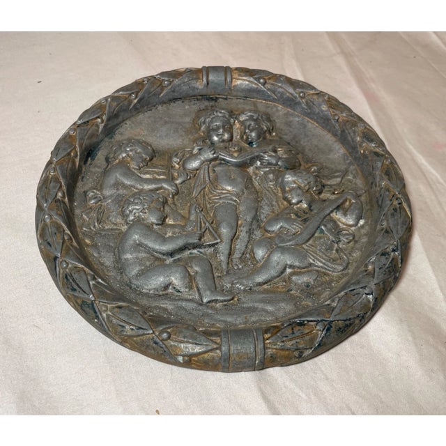 Antique 19th Century Heavy Metal Cherub Putty Figural Circular Relief Plaque Art For Sale - Image 4 of 8