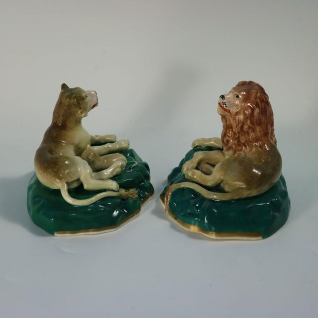 Green Rare Pair Staffordshire Lion and Lioness Figures For Sale - Image 8 of 15