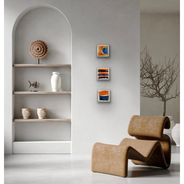Original Encaustic Collage Paintings by Gina Cochran - Trio in Orange and Blue For Sale - Image 6 of 7