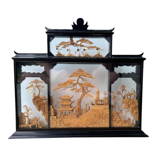 Large Mid‑20th C Chinese Cork Carving Diorama – Pagodas, Bridges & Landscape Scene For Sale
