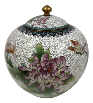 Mid-20th Century Chinese Cloisonne Ginger Jar With Chrysanthemums and Butterfly