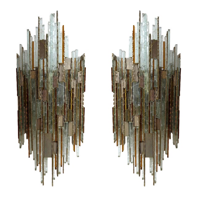 Pair of Hammered Glass Silver Iron Sconces by Poliarte, Italy, 1970s For Sale
