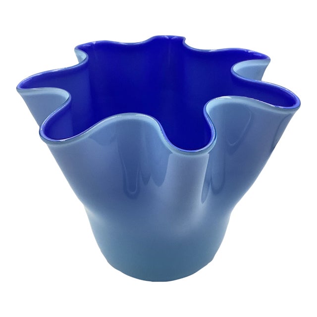 Vintage Hand Blown Cased Blue Art Glass Signed Handkerchief Top Vase For Sale