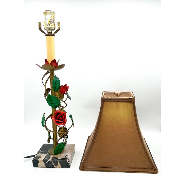 Red Vintage Floral Tole Table Lamp With Marble Base - Hollywood Regency, Cottagecore, Italian Style For Sale - Image 8 of 13