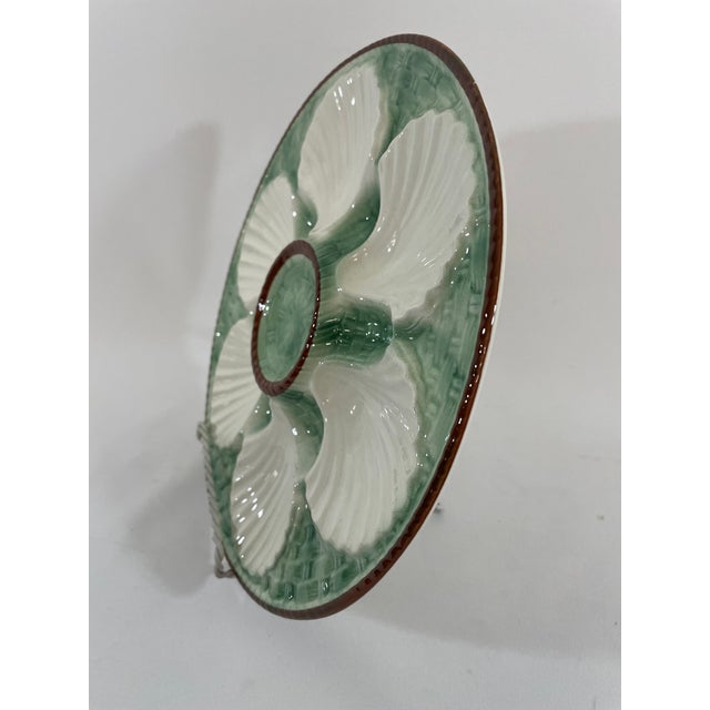 1930s French Longchamp Green and White Majolica Oyster Plate For Sale - Image 10 of 14