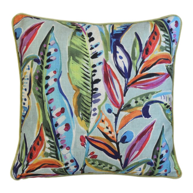 Custom-tailored pillow in designer Enrique "Carnival Leaf" linen blend printed fabric depicting beautiful, colorful,...