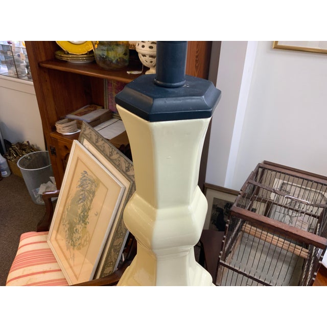 21st century Shine by S.H.O. Tall light citron chinoiserie lamp, with black matte base and top. Case to top of socket...