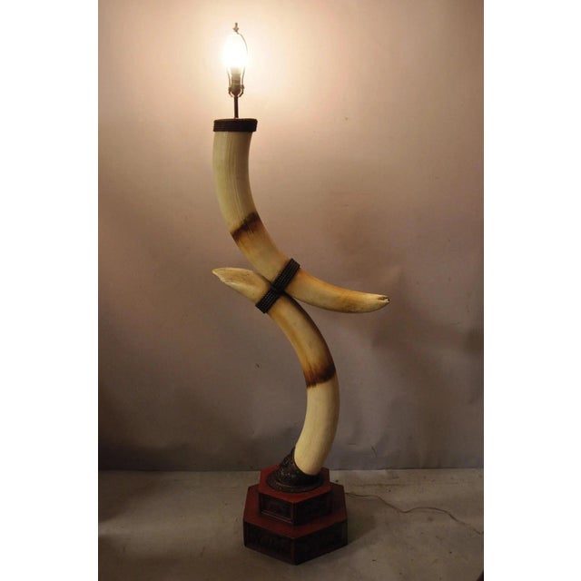 Vintage Chinoiserie Style African Safari Faux Horn Tusk Fiberglass Floor Lamp. Item is made of cast fiberglass with single...