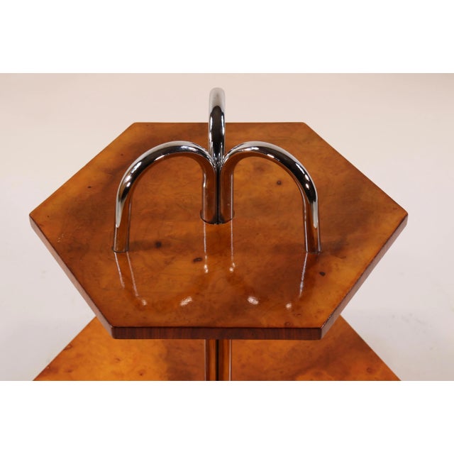 Art Deco Two-Tier Burl Walnut Steamship Cocktail Table For Sale - Image 4 of 7