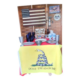 Vintage American 250th Birthday Celebration Tableware and Decorations; Leo Ward Blue Glasses, Pewter, Flags, Eagles and Red, White and Blue Decor For Sale