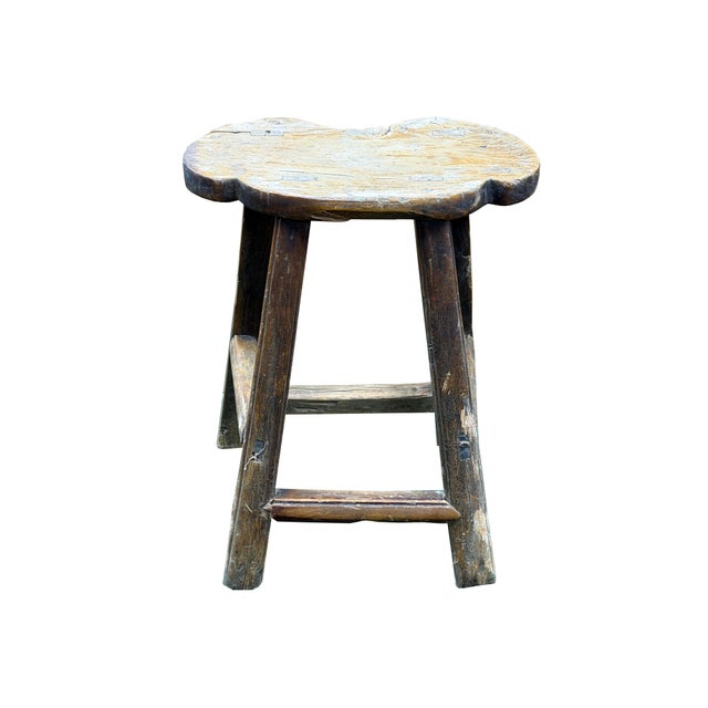 1970s Vintage Rustic Unique Shape Four Legs Wood Stool Side Table For Sale - Image 5 of 16