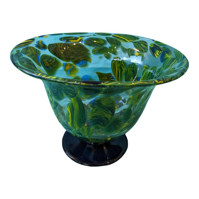 1980s Decorated Glass Vase on Cobalt Blue Base For Sale