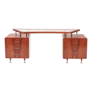 1960s Vintage Double Pedestal Glass and Wood Desk With Chrome Mounts