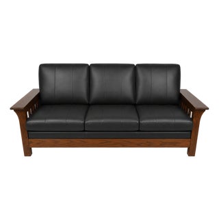 Stickley Brothers Mission Oak Arts & Crafts Leather Settle Sofa For Sale