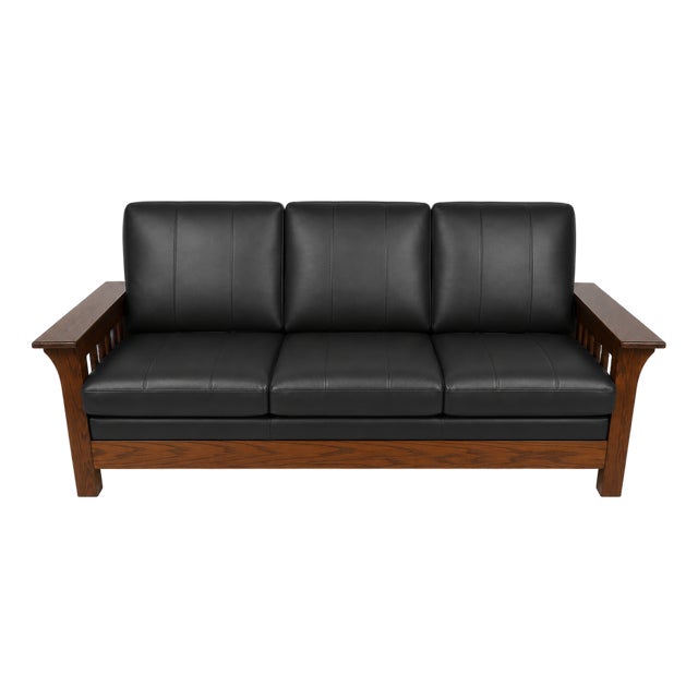 Stickley Brothers Mission Oak Arts & Crafts Leather Settle Sofa For Sale