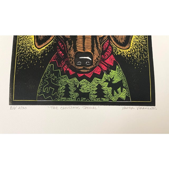 Contemporary Xavier Miramontes Signed Dog Etching "The Christmas Special" Ev 2/30. Signed For Sale - Image 3 of 7