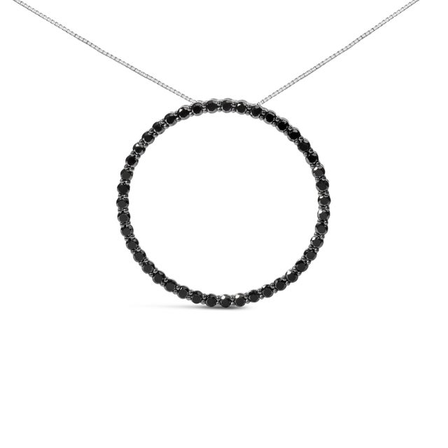 .925 Sterling Silver 3.0 Cttw Black Diamond Open Hoop Circle 18" Pendant Necklace (Black Color, I2-I For Sale