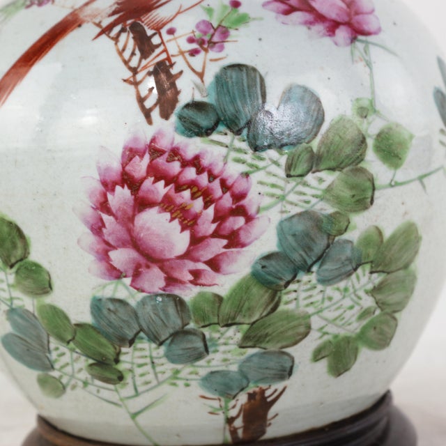 White Famille Rose Antique Porcelain Vase Table Lamp With Bird and Peony Motif on Wood Base For Sale - Image 8 of 13