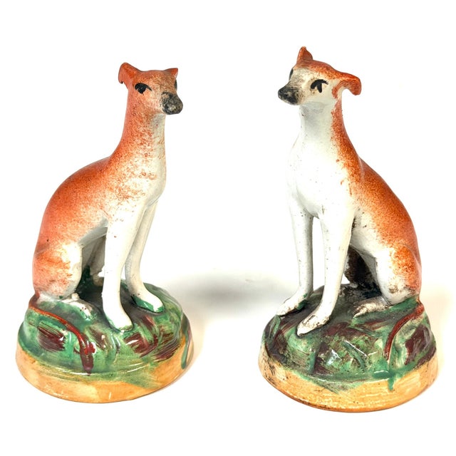 Mid 19th Century Pair of Victorian Staffordshire Pottery Seated Whippet Figures, Circa 1860 For Sale - Image 5 of 13