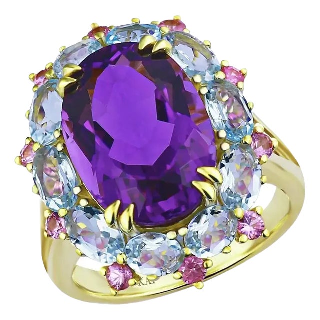 Kai Purple Amethyst Aquamarine Pink Sapphire Cocktail Ring in 14k Gold Ring, size 6.5 For Sale