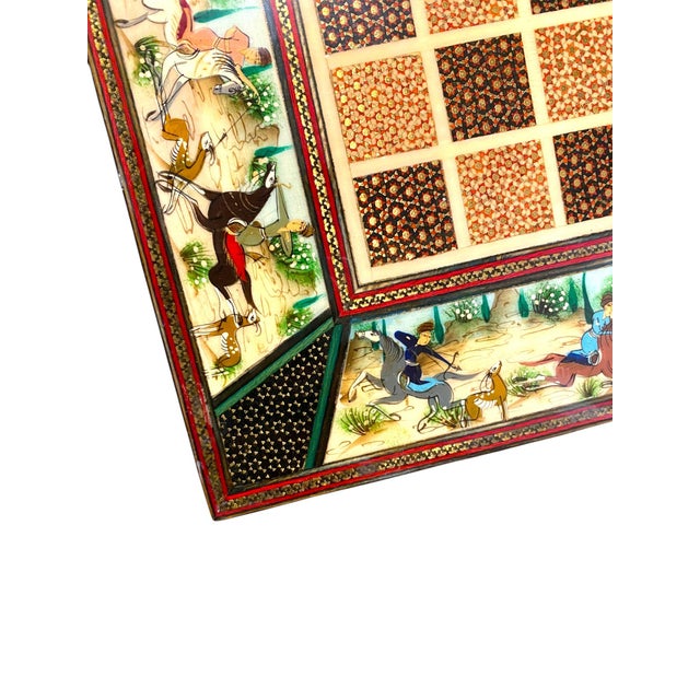 Persian Khatam Chess Board With Micro-Mosaic and Handpainted Decoration and Backgammon Board For Sale - Image 9 of 18