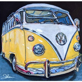 Always Sunny - Volkswagen Type 2 Samba by Shan Fannin | Acrylic on wooden cradle board Yellow VW bus. For Sale