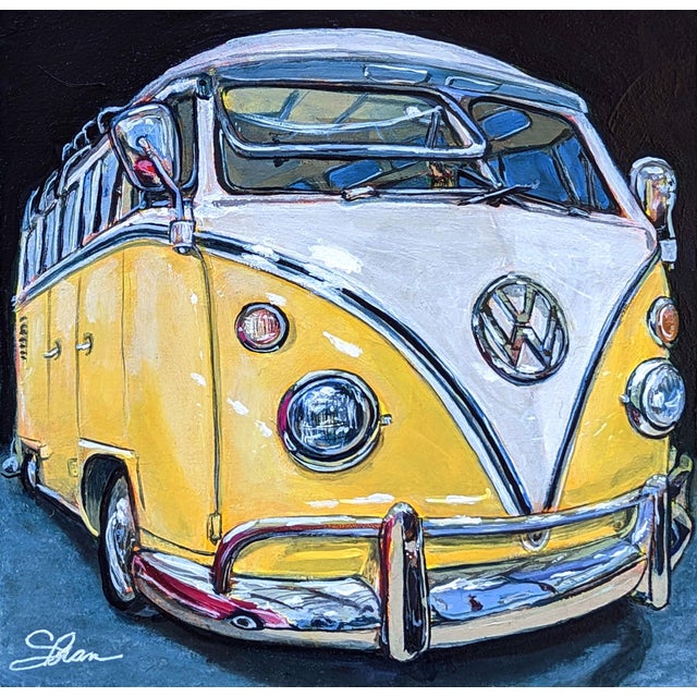 Always Sunny - Volkswagen Type 2 Samba by Shan Fannin | Acrylic on wooden cradle board Yellow VW bus. For Sale