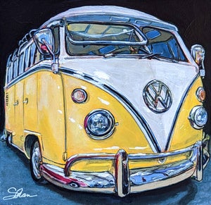 Always Sunny - Volkswagen Type 2 Samba by Shan Fannin | Acrylic on wooden cradle board Yellow VW bus.