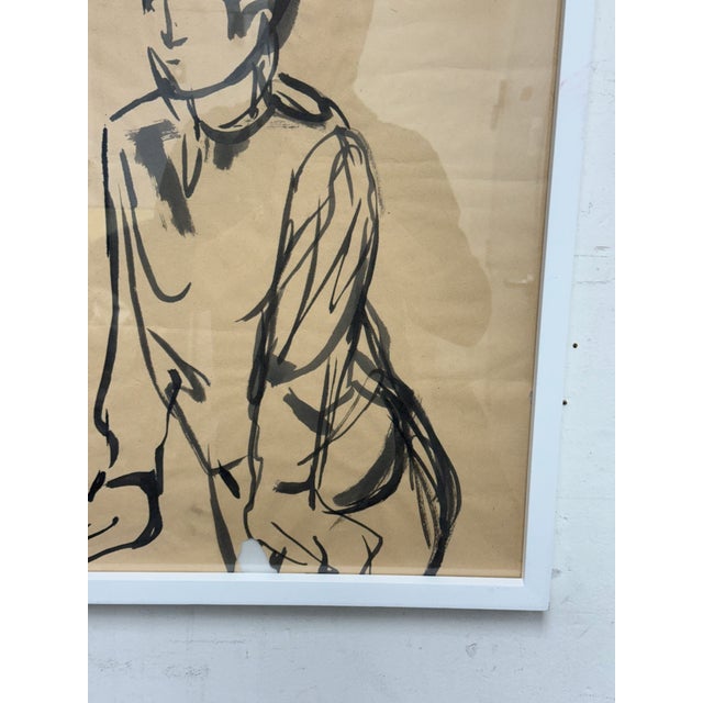 Tan Figure Sketch of Ink on Paper, Framed For Sale - Image 8 of 12