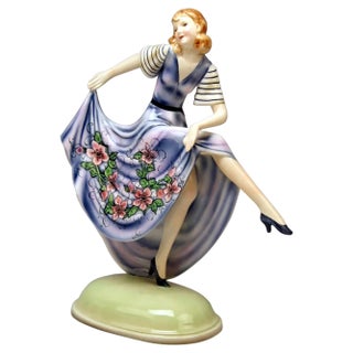 Model 6704 Lady Dancer with Flower Patterned Dress by Dakon for Goldscheider, Vienna, Austria, 1930s For Sale