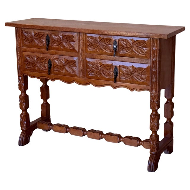 19th Century Catalan Spanish Carved Walnut Console Sofa Table, Four Drawers For Sale - Image 15 of 18