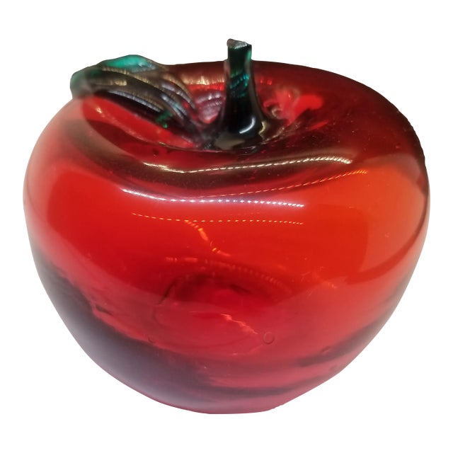 Red Apple Art Glass Paperweight With Fused Green Leaf and Stem Hand Blown For Sale