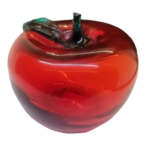 Red Apple Art Glass Paperweight With Fused Green Leaf and Stem Hand Blown