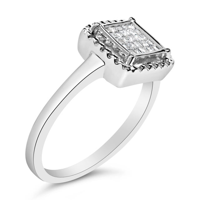 Contemporary .925 Sterling Silver 1/5 Cttw Invisible Set Princess Cut Diamond Promise Ring with Beaded Halo (H-I Color, I1-I2 Clarity) - Ring - Size 7 For Sale - Image 3 of 6