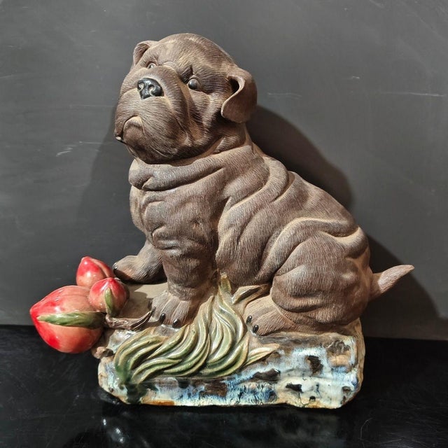 Vintage Shiwan Ware Shar-Pei Dog Sculpture | Handmade Ceramic Figure With Peaches | 12" Tall For Sale - Image 4 of 8