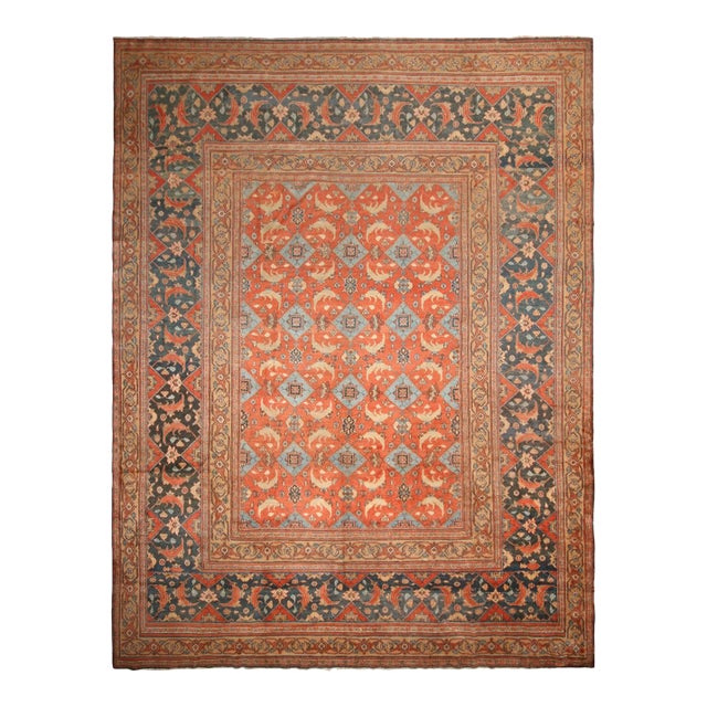 Antique Doroksh Beige Orange and Blue Wool Persian Rug With Herati Fish Pattern For Sale