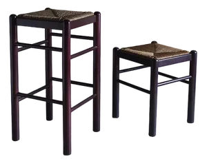 Vintage Stool and Bar Stool with Rush Seats, Italy, 1970s, Set of 2
