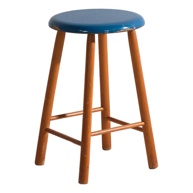 Vintage Wooden Stool with Round Seat, Central Europe, 1950 For Sale