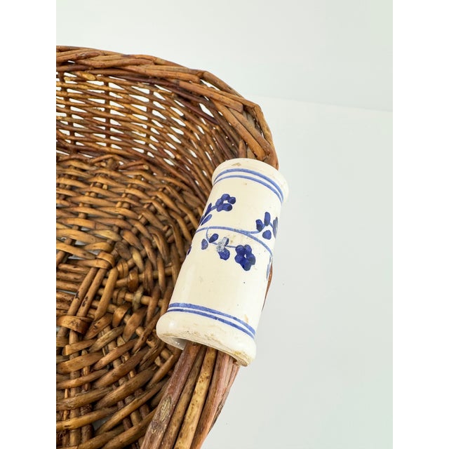 Vintage Woven Wicker Basket With Blue & White Porcelain Handles For Sale - Image 4 of 11