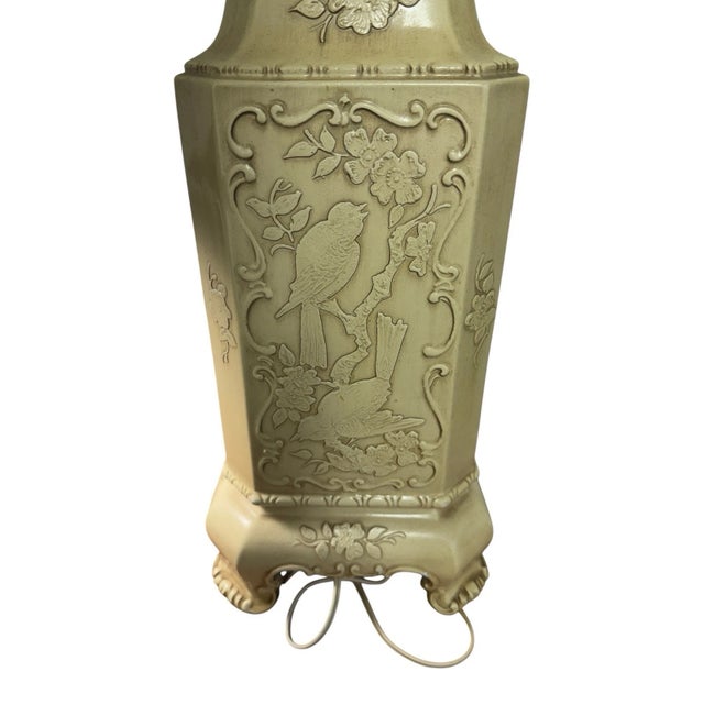 Mid 20th Century Chinoiserie Plaster Table Lamp Raised Bird Floral Relief Cream For Sale - Image 10 of 17