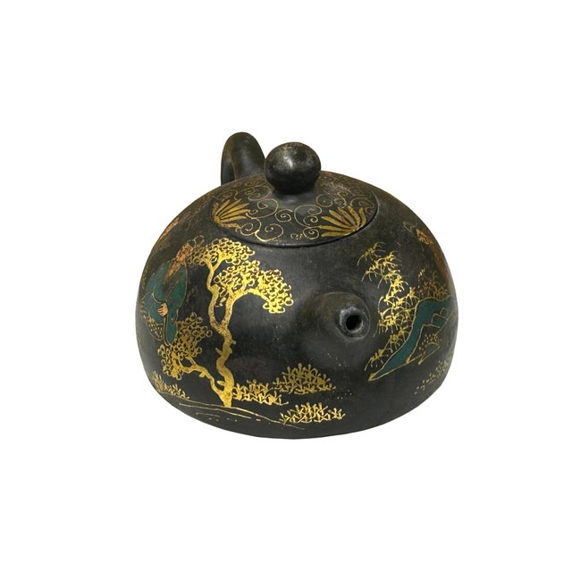 Vintage Chinese Black Golden Graphic Zisha Clay Teapot Art Display For Sale - Image 4 of 10