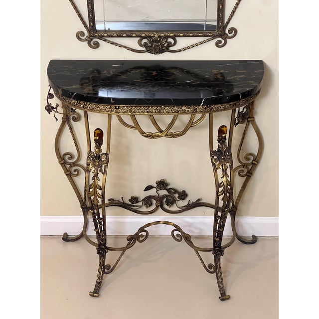 1920s 1920s Oscar Bach Gilded Iron Console and Beveled Mirror Set With Black Marble Top, Attributed For Sale - Image 5 of 18