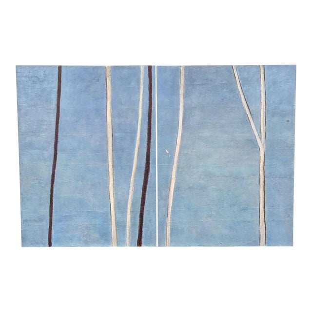 Janine Brown “Esluma” Minimalist Abstract Tree Diptych Painting on Wood Panel For Sale